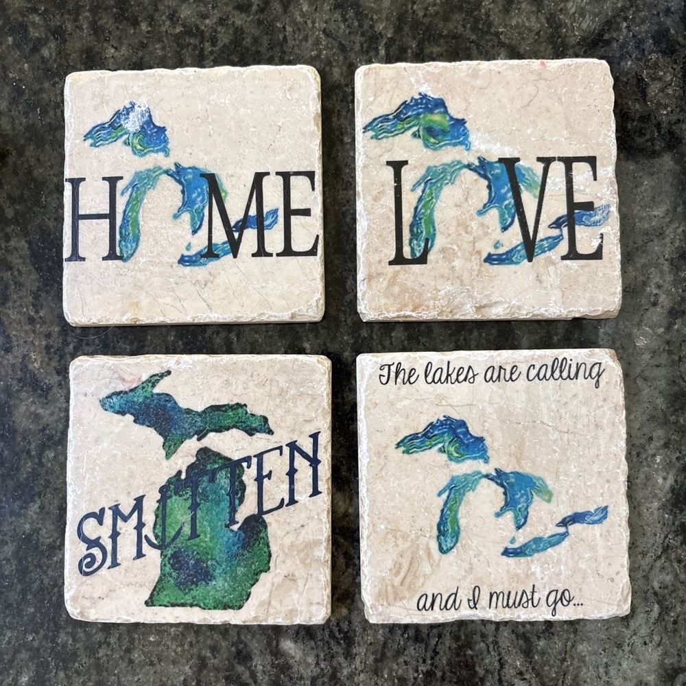 (4) Michigan Natural‎ Stone Coasters The Lakes Are Calling Cork Backing 4"x4"